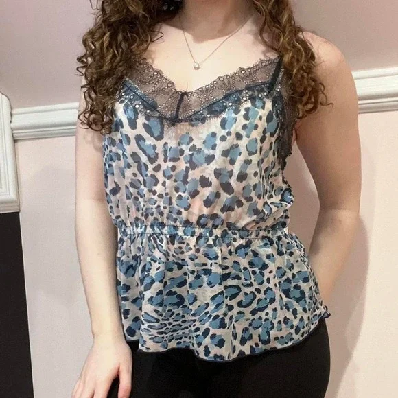 y2k blue and pink leopard print lace trim peplum tank medium - Picture 1 of 8